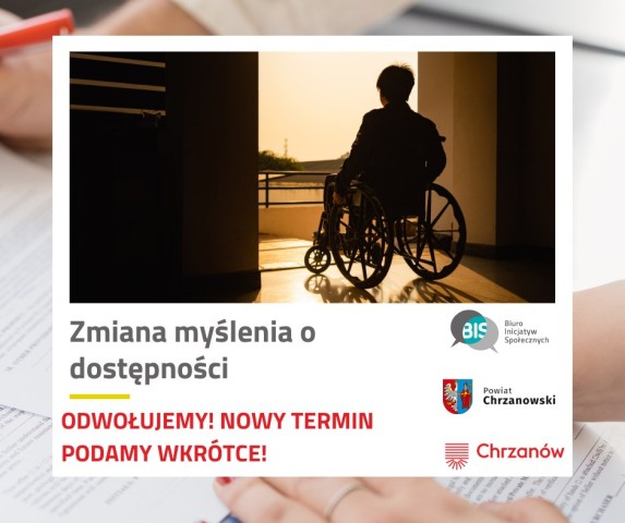 Grafika. W górnej części zdjęcie osoby z niepełnosprawnością na wózku patrzącą w dal, której widać głównie kontur od tyłu. Na dole pola tekstowe z treścią oraz logotypami.