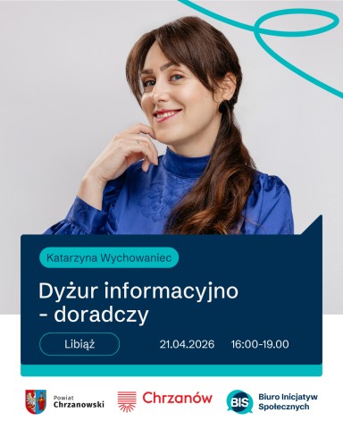 Obrazek ze zdjęciem kobiety. Poniżej pole tekstowe z informacjami oraz logotypami.
