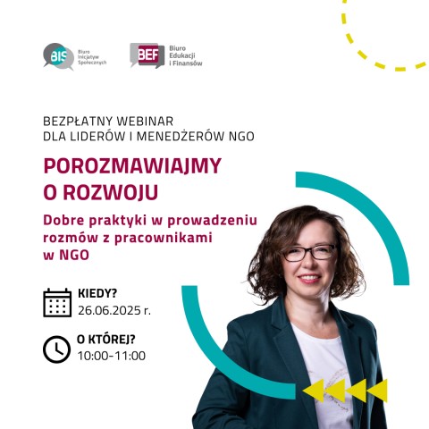 Grafika. W prawym dolnym rogu jest zdjęcie kobiety. W lewym górnym rogu są 2 logotypy organziatora. W pozostałych miejscach pola tekstowe ze szczegółami wydarzenia.