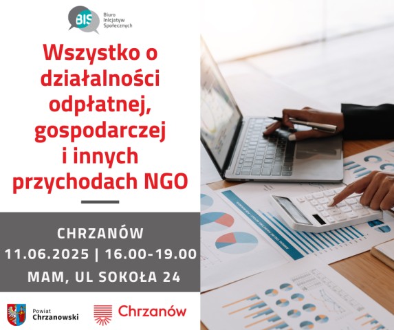 Grafika. Z prawej strony zdjęcie kobiety, która ma przed sobą kaltulator, laptopa i kilka kartek z wykresami. Z lewej strony pola tekstowe z treściami.
