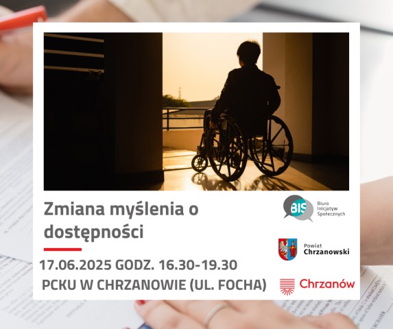 Grafika. W górnej części zdjęcie osoby z niepełnosprawnością na wózku patrzącą w dal, której widać głównie kontur od tyłu. Na dole pola tekstowe z treścią oraz logotypami.