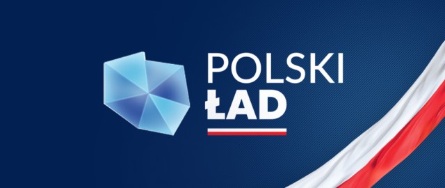 granatowy plakat nbiały napis polski ład w lewym rogu biało czerwona wstęga 