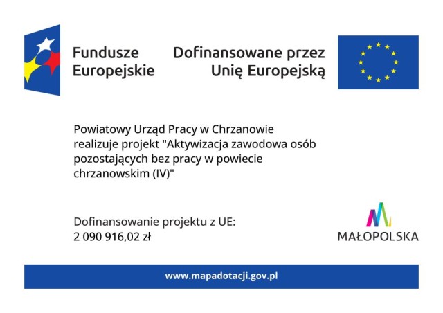 plakat zawierający informację o projekcie (o którym mowa poniżej), logo fundusze europejskie i UE białe tło , na dole granatowy z białym napisem www.mapadotacji,pl w lewym dolnym rogu logo małoposlki 