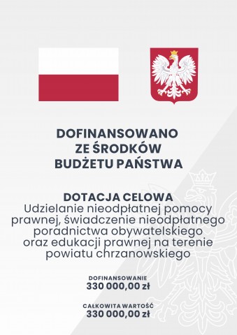 plakat flaga pl, godło polski na biało - szarym tle  napis dofinansowano  budzetu państwa dortacja celowa 330 000 zł udzielanie nieodpłatnej pomocy prawnej 