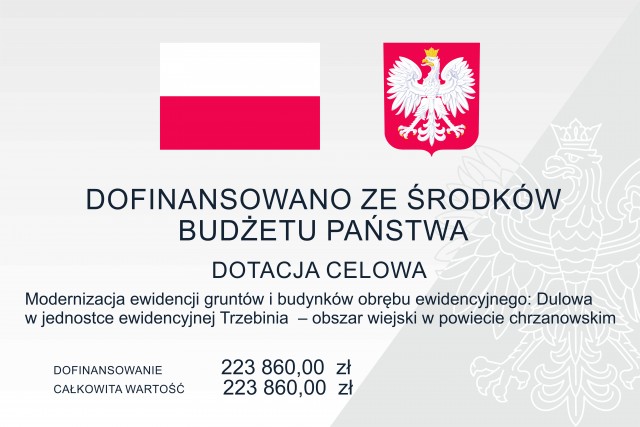 tablica szara flaga rp biało czerwona oraz godło biały orzesł w złotej koronie  na czerwonym tle napis czarny dofinansowano ze srodków budżetu państwa, dotacja celowa ( informacja jak w treści ponizej