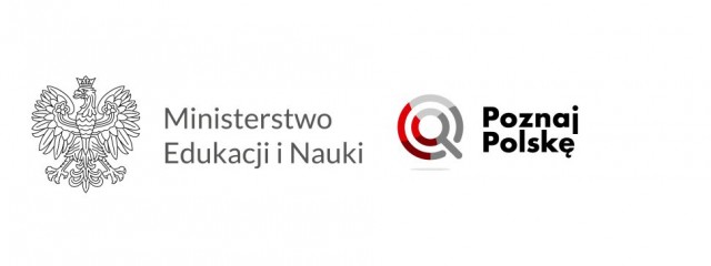 orzeł biały w koronie, napis w kolorze szarym  Ministerstwo Edukacji  i Nauki oraz logo lupa szaro-czerwona w napis  w kolorze czarnym Poznaj Polske - tło białe 