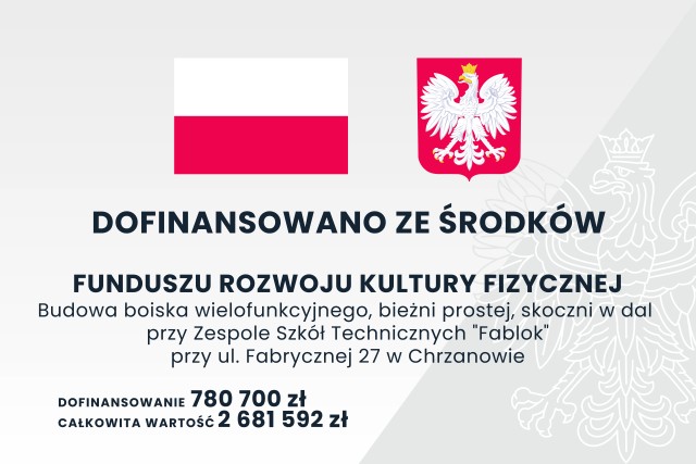 tavlica informacyjna flaga i godło polski, szare tło ze znakiem wodnym orła białego . napisy czarne nazwa zadania, dofinansowano ze środków FRKF, dofinansowanie i całkowita wartość (jak w treści opsu)