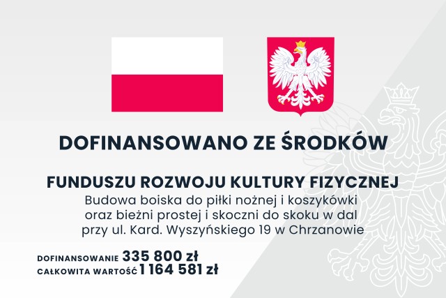 tablica informacyjna flaga i godło polski, szare tło ze znakiem wodnym orła białego . napisy czarne nazwa zadania, dofinansowano ze środków FRKF, dofinansowanie i całkowita wartość (jak w treści opisu